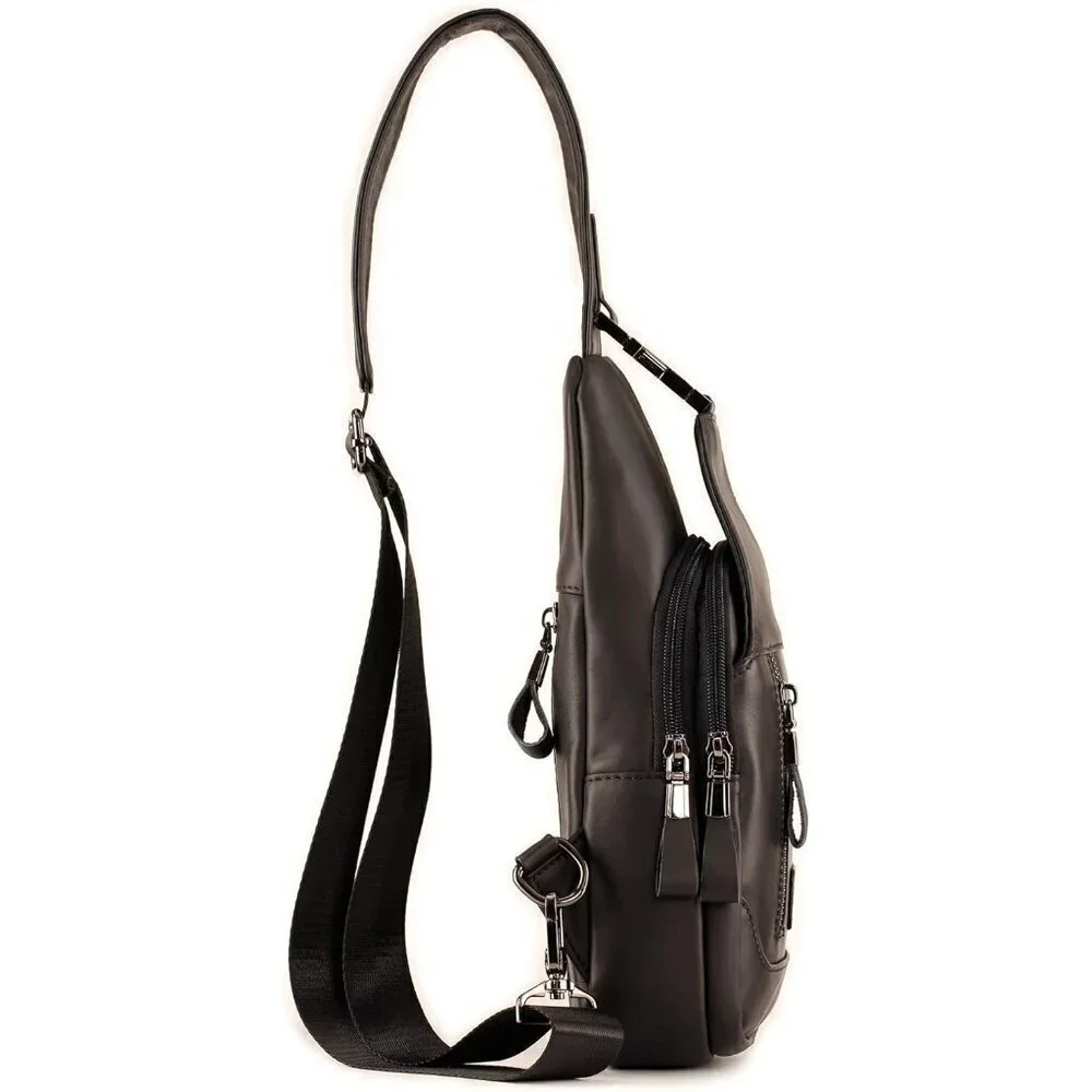 💫 Men Black Crossbody Bag Leather Sling Travel Chest Outdoor Sports Backpack